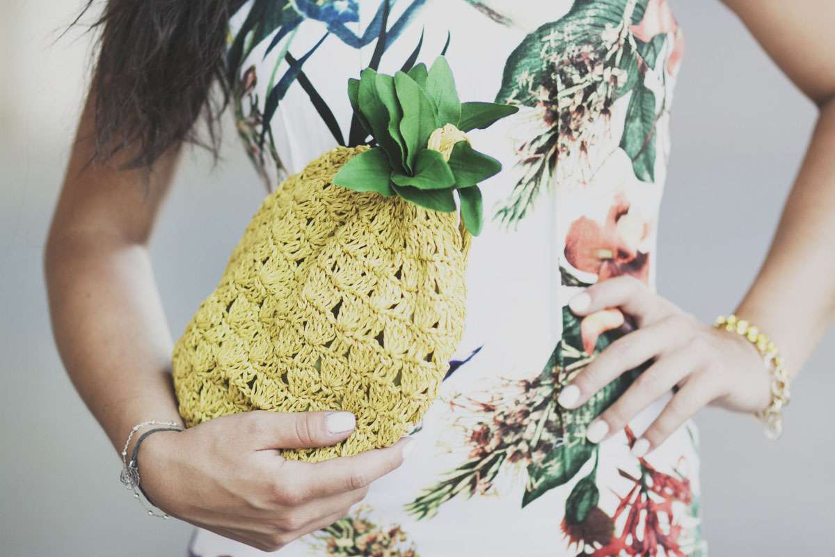 tropical dress and pineapple bag