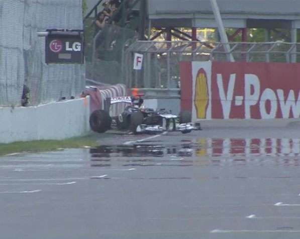F1 2012 Canadian GP Qualifying Day The 'Wall of Champions' claims another victim as Pastor Maldonado loses control of his Williams and hits it hard
