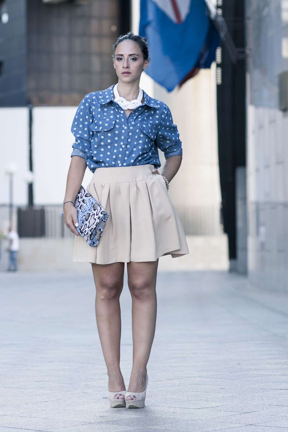 Dotted denim shirt and nude skirt outfit