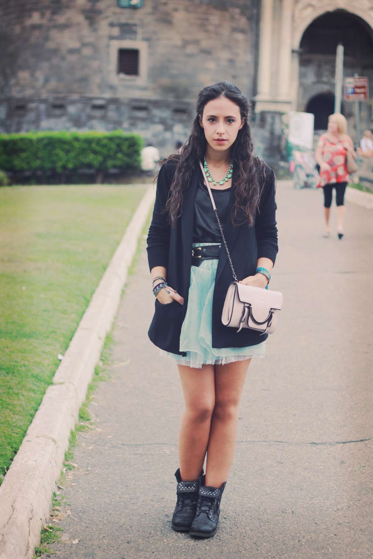 mint skirt and rock booties outfit