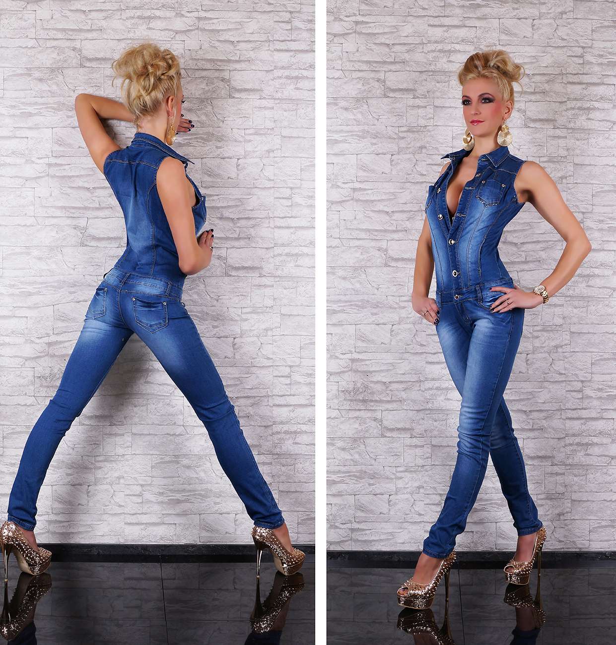 Sexy Women's Quality Denim Jumpsuit Overalls stretshy Jeans Blue washed ...